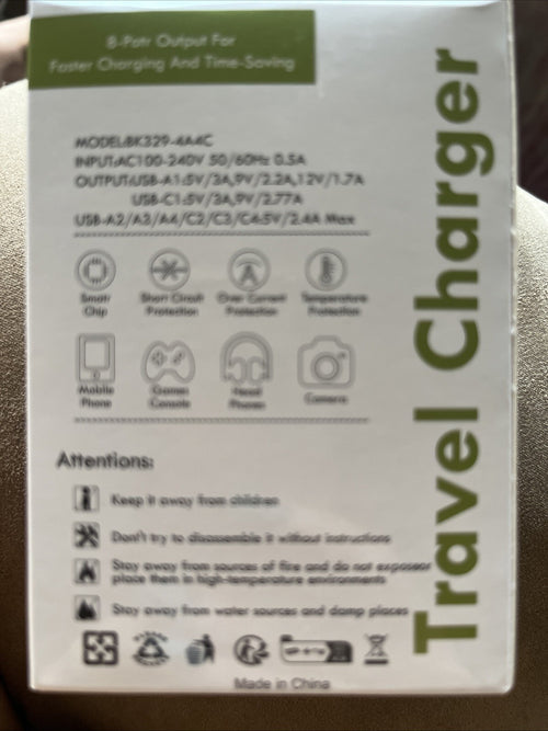 8 Port Quick Charger 4 USB & 4 PD Fast Charging Adaptor. White NIB