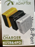 8 Port Quick Charger 4 USB & 4 PD Fast Charging Adaptor. White NIB