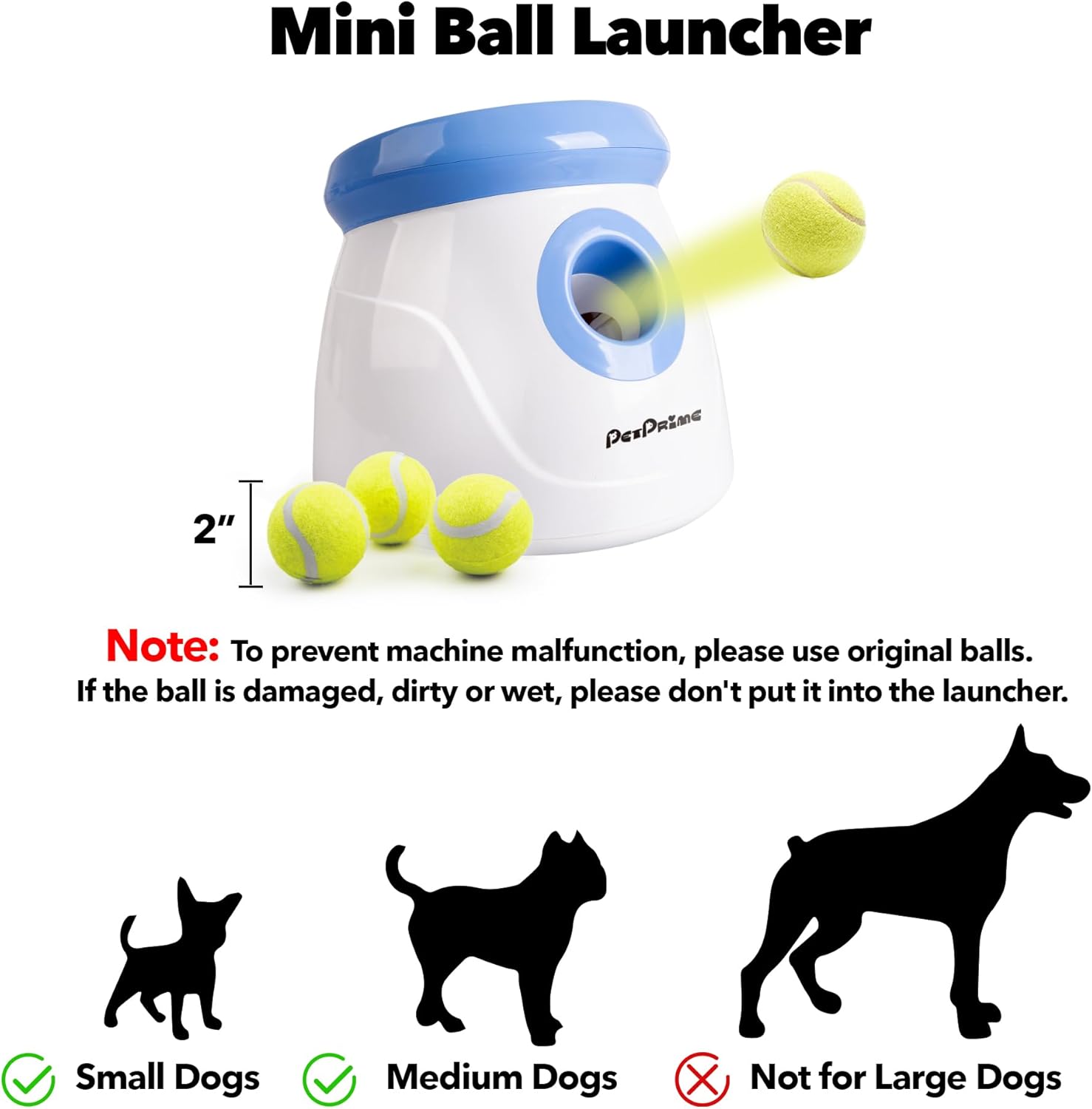 Pet Prime Automatic Dog Ball Thrower Launcher for Small and Medium Dogs, Interative Dog Fetch Machine with 3 Tennis Balls (2'') for Indoor/Outdoor Throwing Game Launch Distance 10-30ft