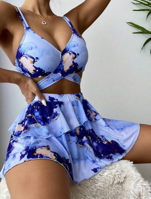 Blue Marble Print 3-Piece Swimsuit Set (Bikini)