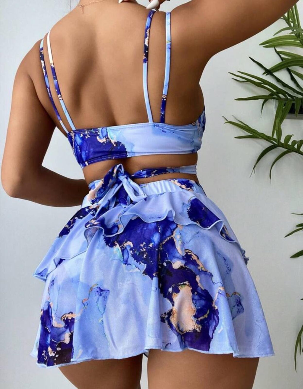 Blue Marble Print 3-Piece Swimsuit Set (Bikini)