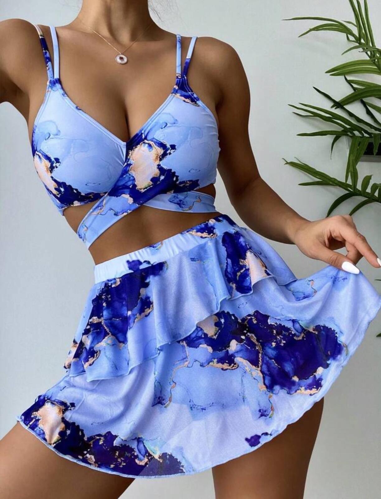 Blue Marble Print 3-Piece Swimsuit Set (Bikini)