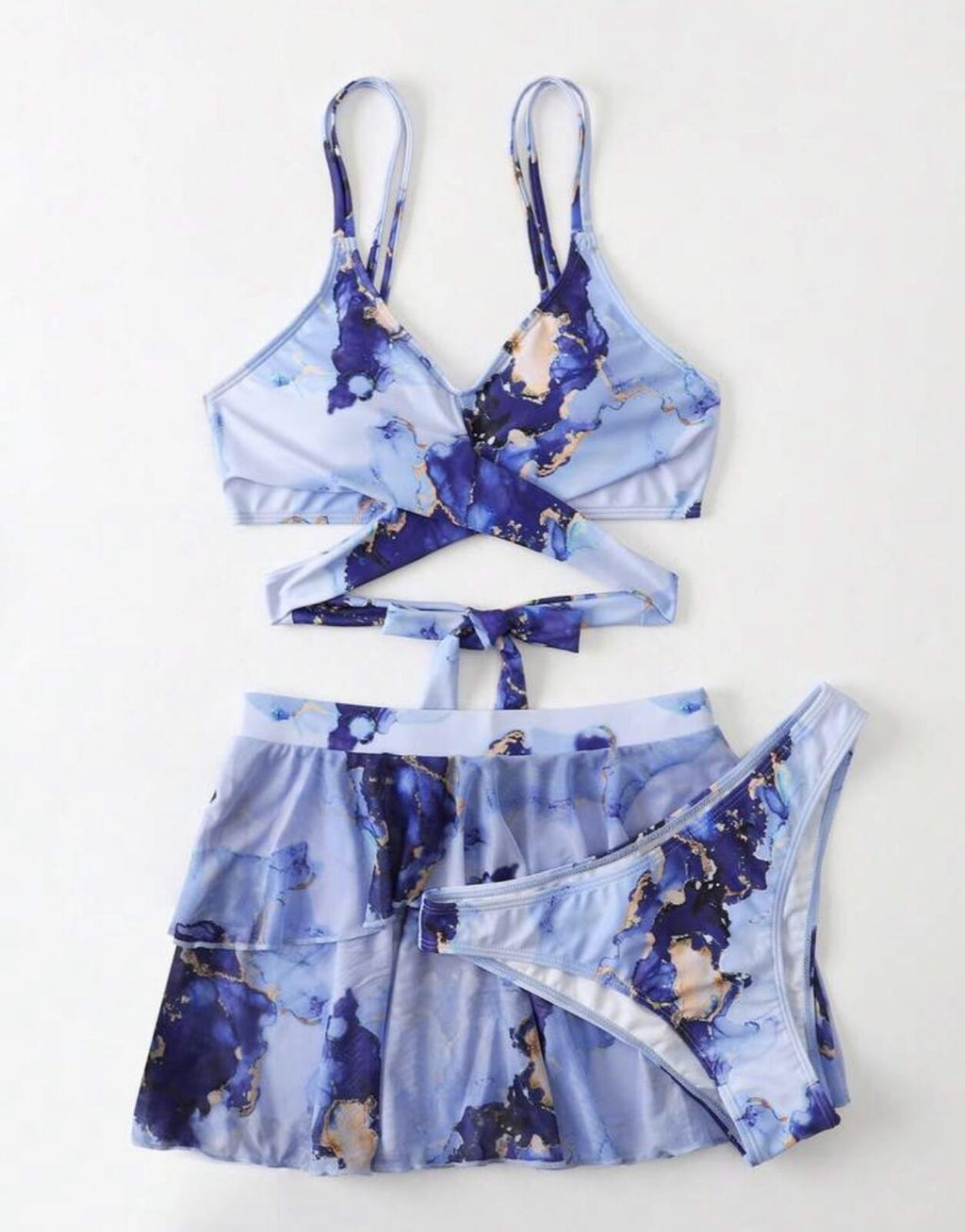 Blue Marble Print 3-Piece Swimsuit Set (Bikini)