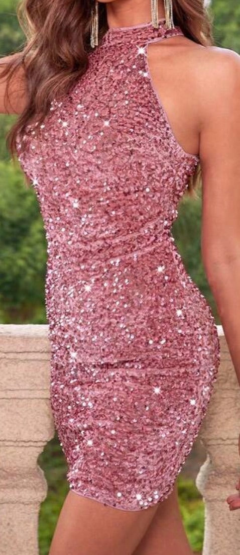 Halter Mini Dress - Pink Sequin SZ 8/10 (L)